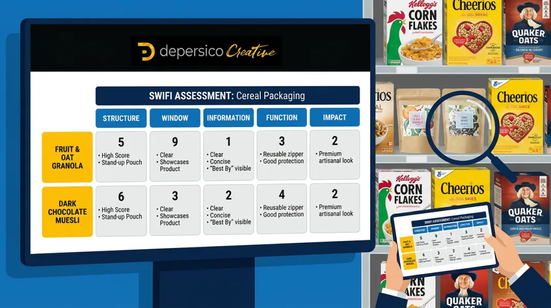 DePersico Creative SWIFI brand assessment process evaluating cereal packaging against competitive shelf set