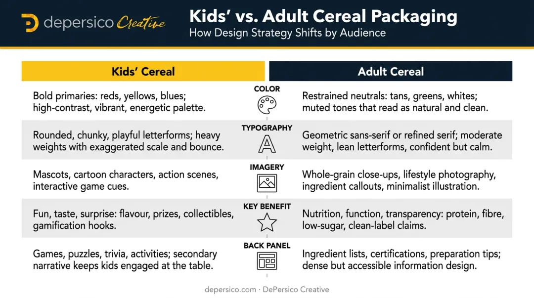 Kids cereal versus adult cereal packaging design element comparison chart