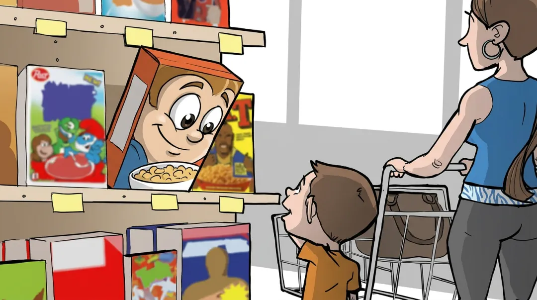 Cereal mascot character on box making direct eye contact with child at shelf level