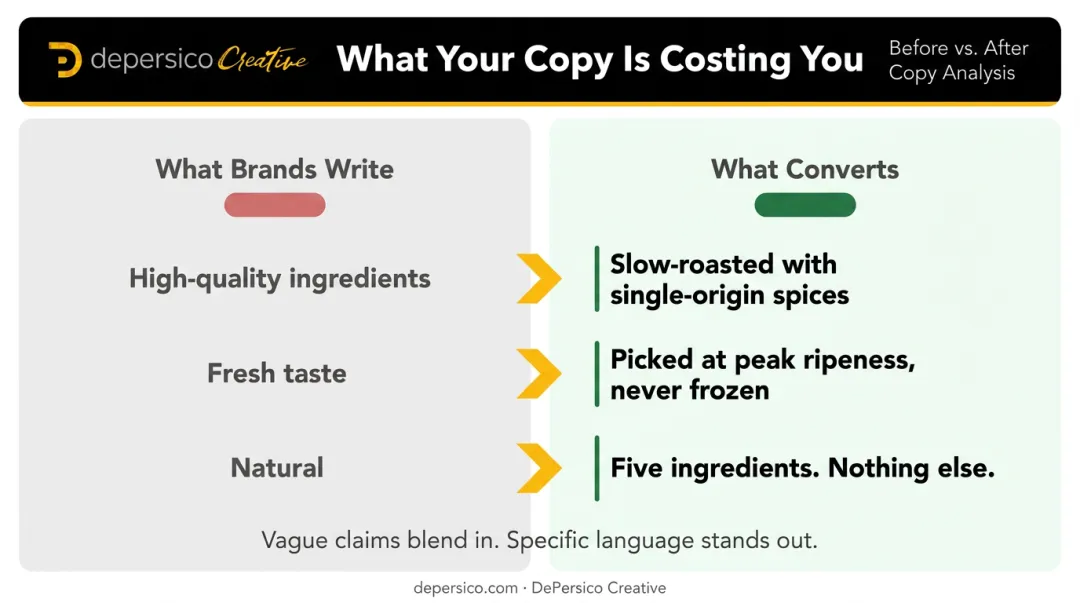 Vague food packaging claims replaced by specific substantiated language side-by-side examples