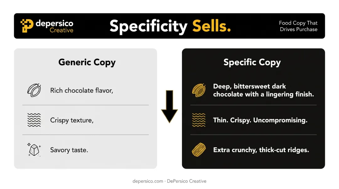 Generic versus specific food packaging copy comparison table with examples