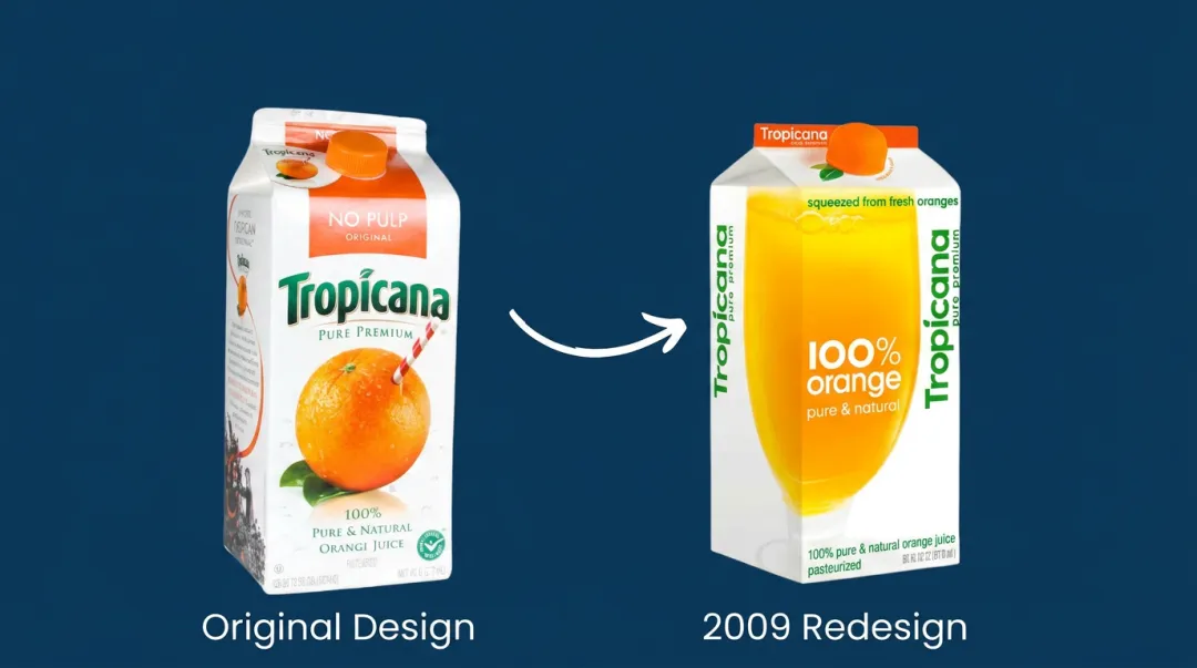 Tropicana original orange packaging versus 2009 redesigned packaging side by side