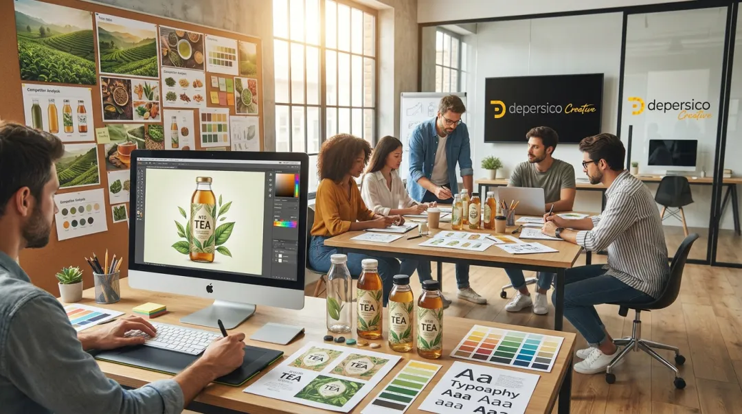 Beverage packaging design studio showing RTD tea label creative development process