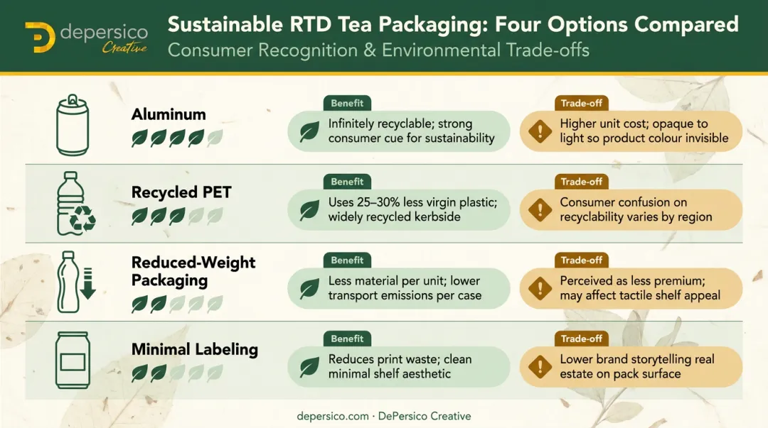 Sustainable RTD tea packaging options comparison aluminum rPET reduced-weight minimal labeling