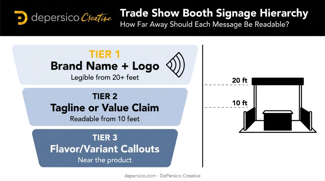 Three-level food trade show booth signage hierarchy visibility distance breakdown