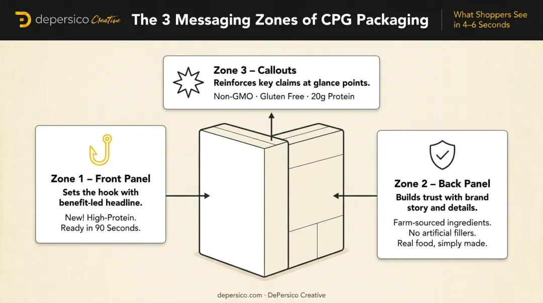 CPG packaging messaging layers front panel back panel and callouts diagram