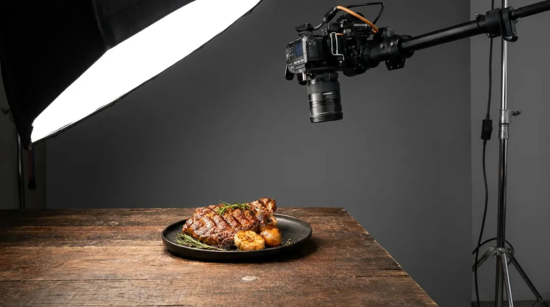 Professional food photography studio setup with hero product shot and lighting equipment
