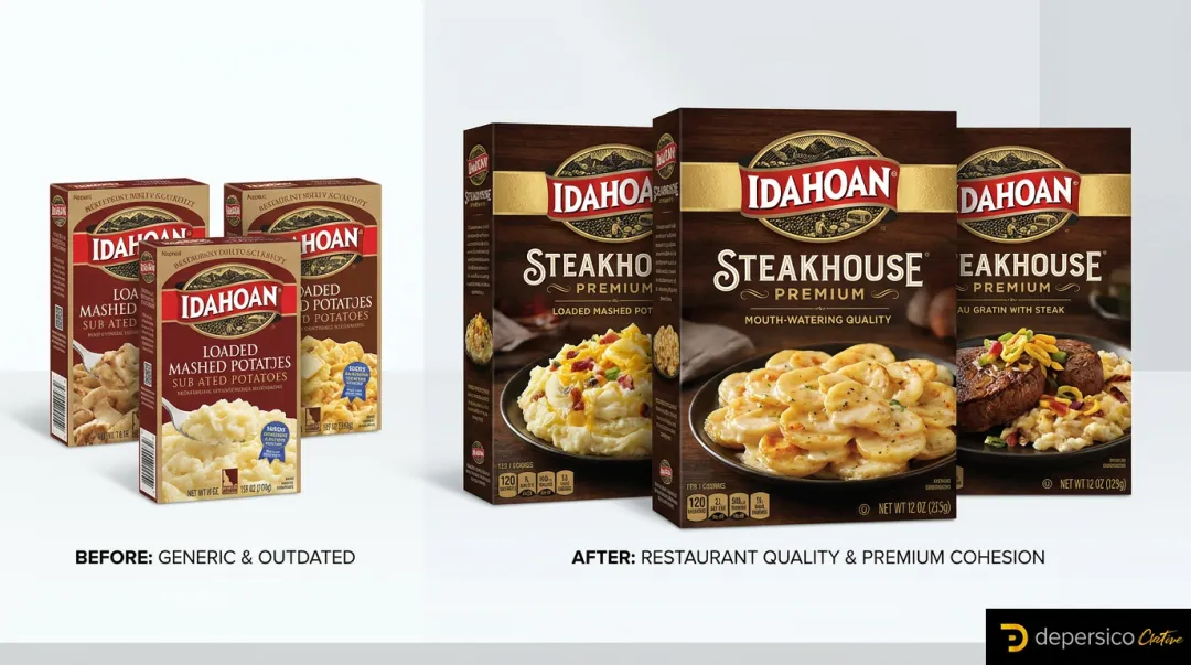 Idahoan Steakhouse packaging redesign showing premium brand identity and appetite photography