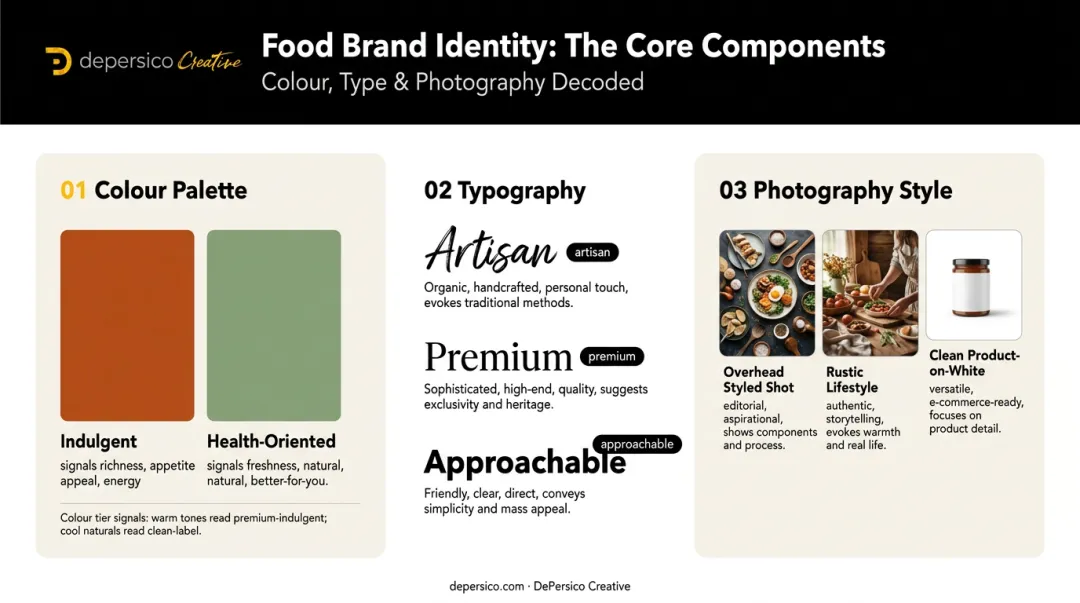 Three core food brand identity components color typography and photography explained