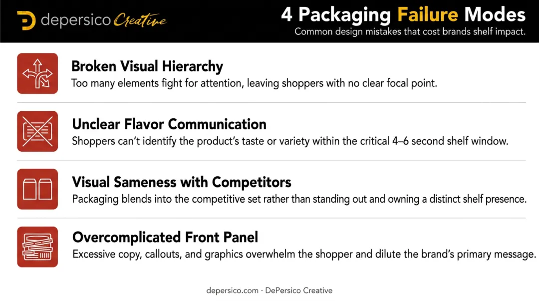 Four common F&amp;B packaging failure modes visual hierarchy breakdown infographic