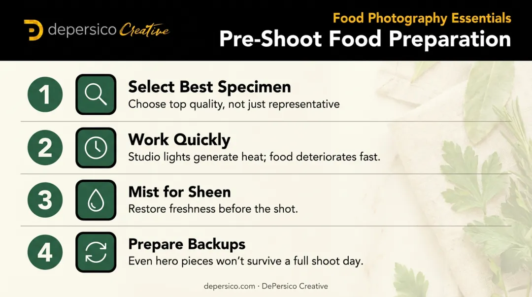 Four-step macro food photography pre-shoot preparation checklist infographic