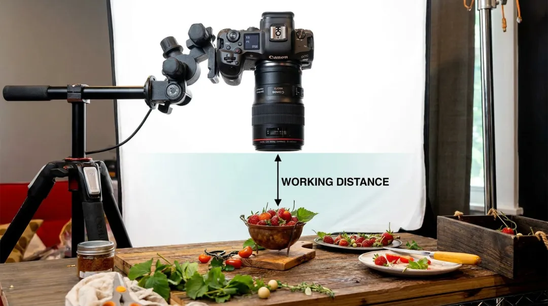 100mm macro lens positioned over food subject on studio tabletop
