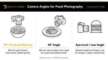 Three food photography camera angles overhead 45-degree and eye-level explained