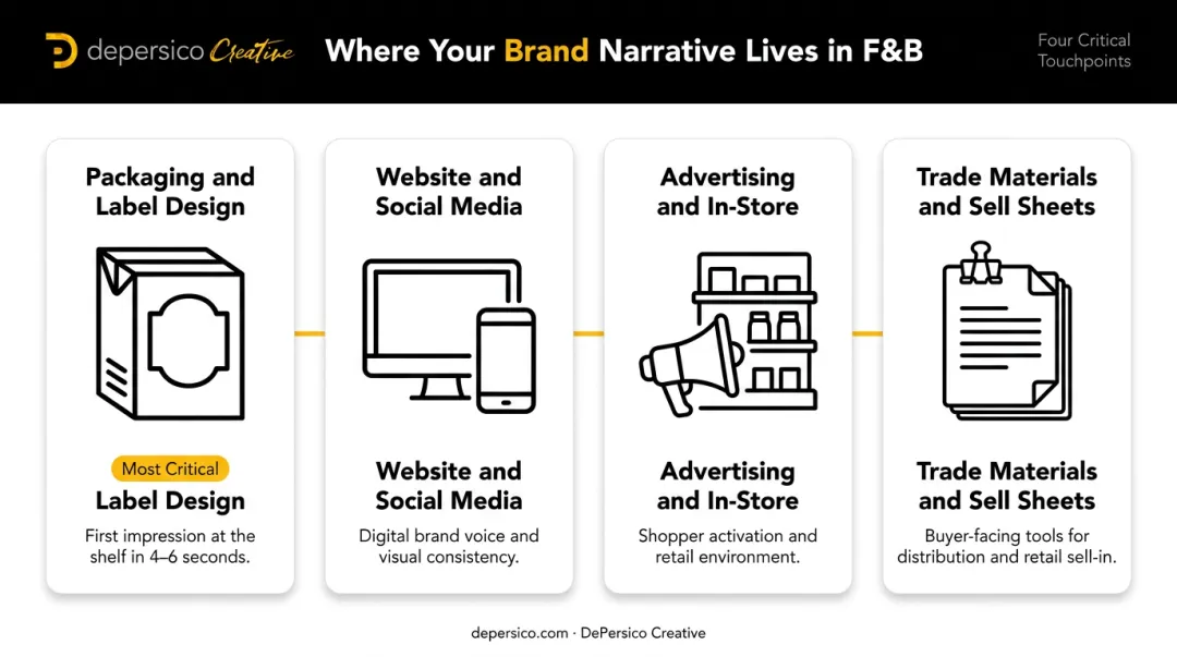 Brand narrative consumer touchpoints across packaging website advertising and trade materials