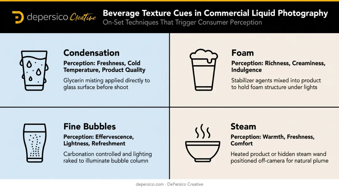four beverage texture cues condensation foam bubbles steam styling techniques infographic