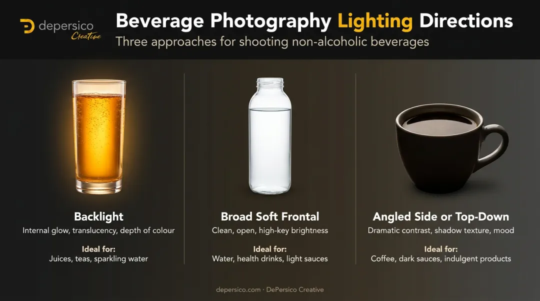 beverage lighting direction comparison backlight frontal side angled effects chart