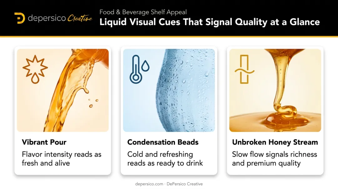 liquid photography visual cues pour condensation honey stream flavor signals
