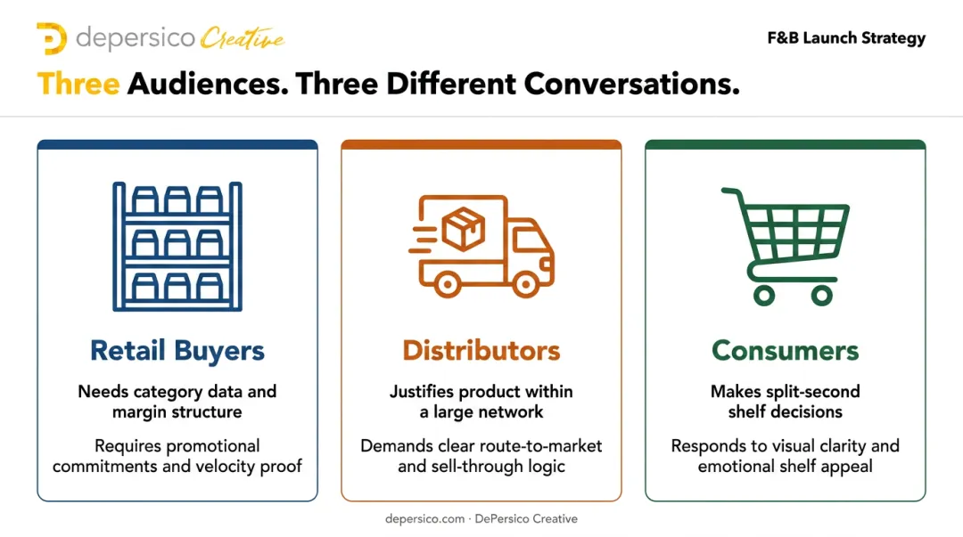 Three F&B launch audiences retail buyers distributors and consumers comparison infographic