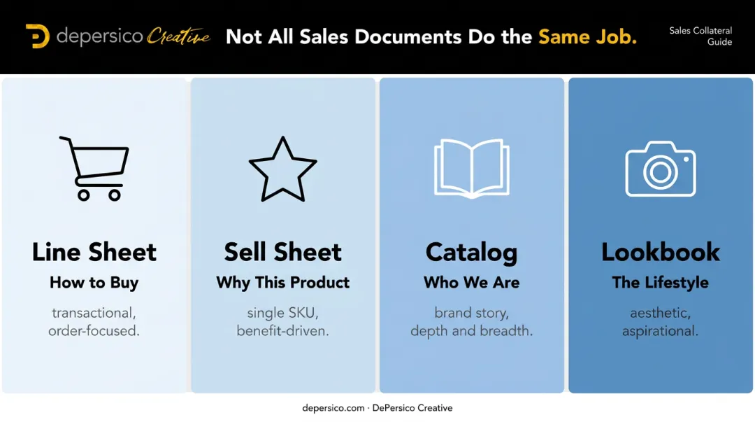 Four sales document types comparison chart line sheet sell sheet catalog lookbook