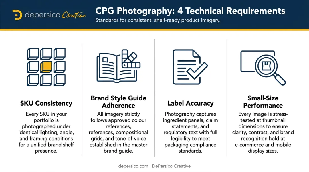 Four CPG food photography technical requirements infographic for retail packaging