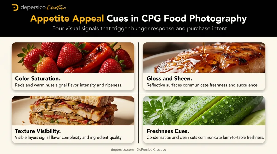 Four visual appetite appeal cues infographic color texture gloss freshness