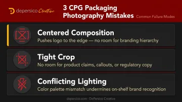 Three common CPG packaging photography mistakes and their consequences infographic