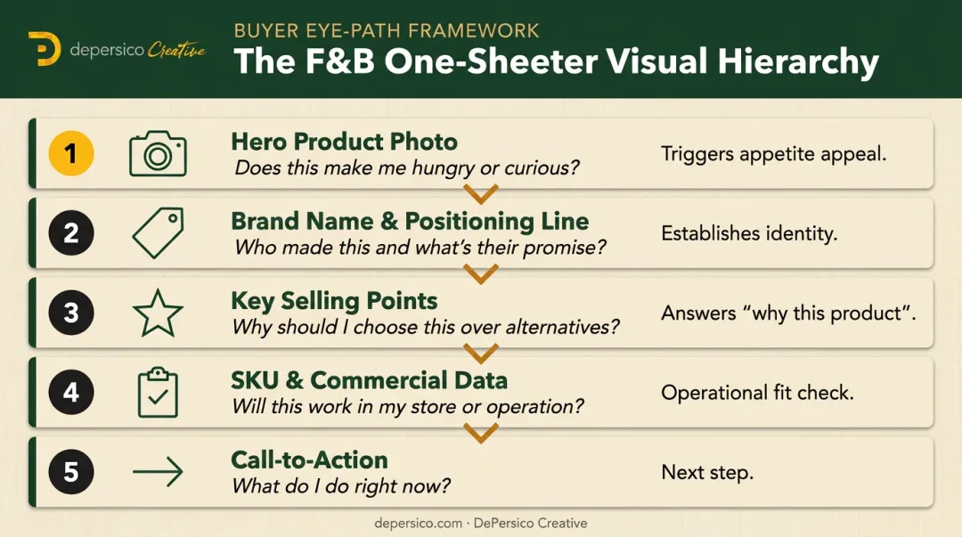 Five-zone food and beverage sell sheet visual hierarchy buyer eye-path flow