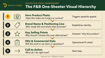 Five-zone food and beverage sell sheet visual hierarchy buyer eye-path flow