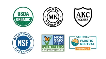 Food product certifications including organic Non-GMO kosher and gluten-free label seals