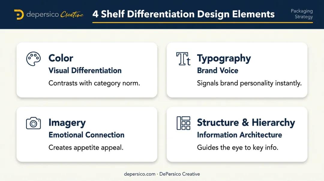 Four key packaging design elements for food brand shelf differentiation infographic