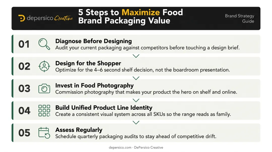 Five-step food brand packaging strategy process from diagnosis to ongoing assessment