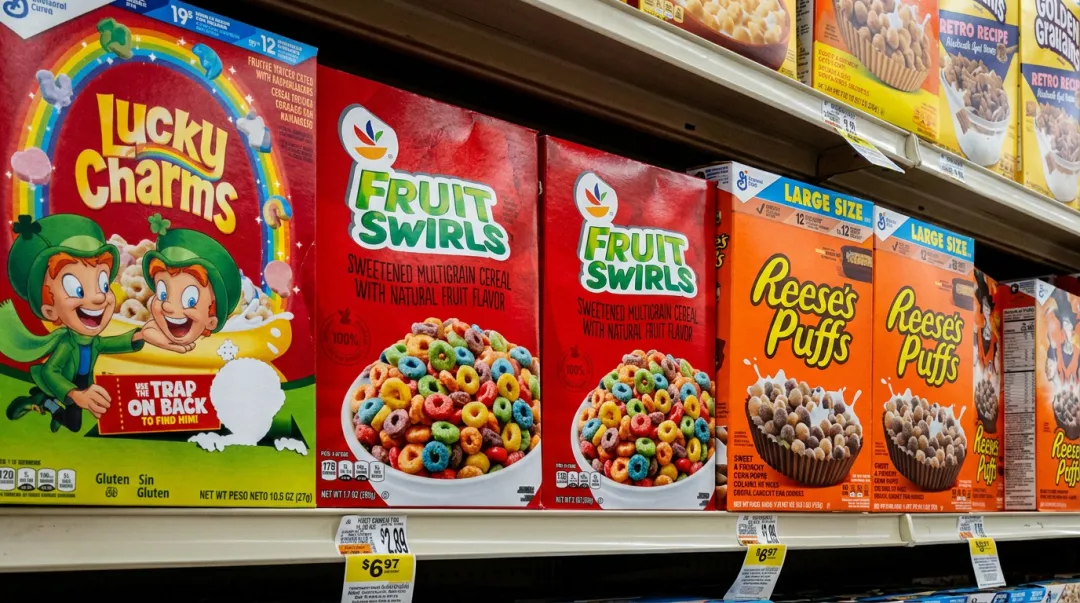 Grocery store aisle shelf comparing branded food products and private-label store brands