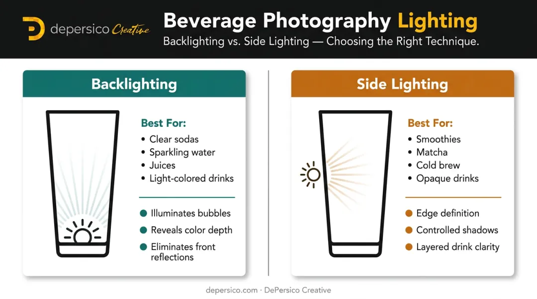 Backlight versus side light beverage photography technique comparison infographic