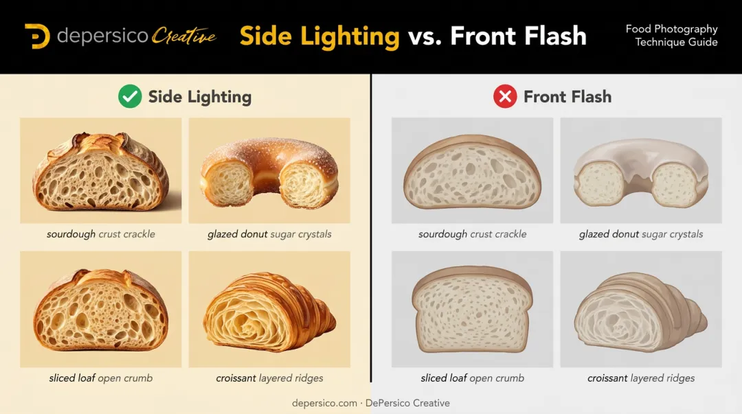 Side lighting versus front flash texture comparison in baked goods photography