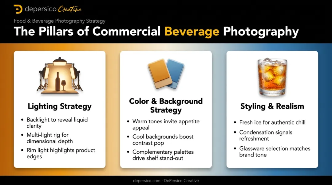 Three technique pillars of professional commercial beverage photography workflow