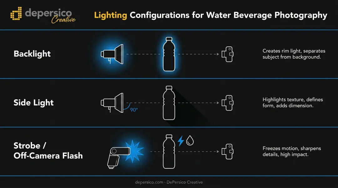 Three core lighting techniques for water beverage photography backlight sidelight and strobe