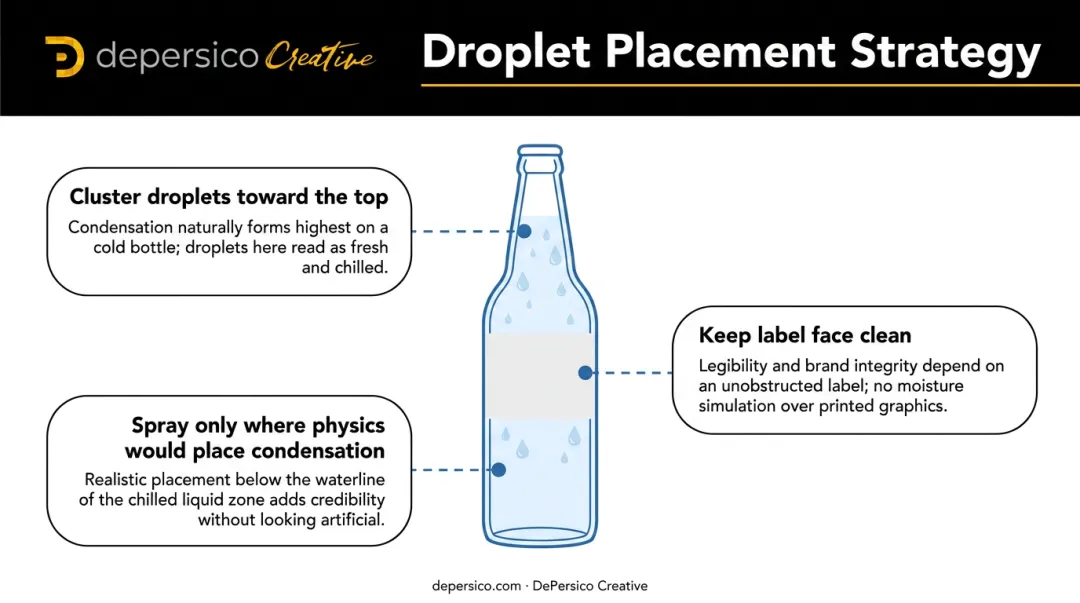 Three-rule droplet placement strategy diagram for beverage bottle condensation photography