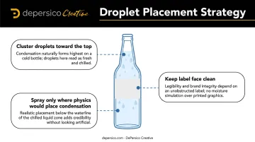 Three-rule droplet placement strategy diagram for beverage bottle condensation photography