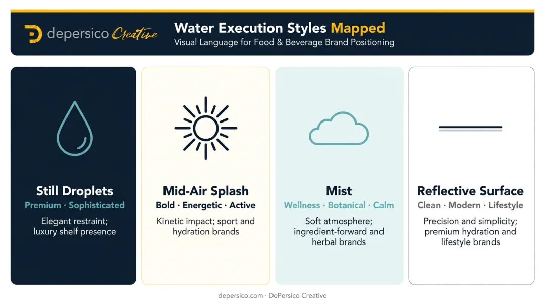 Four water photography styles mapped to distinct beverage brand personalities