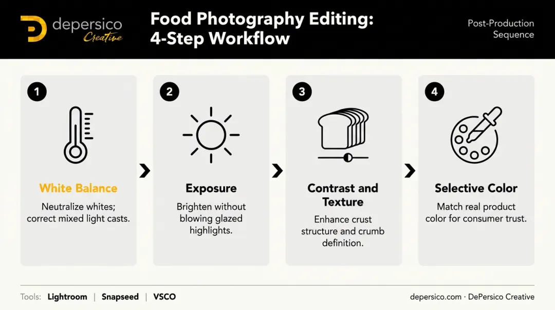 Four-step baking photography post-processing editing workflow sequential process infographic