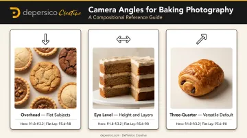 Three baking photography camera angles overhead eye-level three-quarter comparison chart