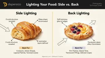 Side lighting versus back lighting baking photography techniques comparison infographic
