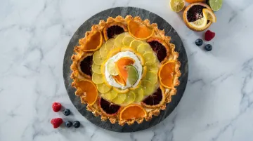 Styled baking photography flat lay with warm baked goods cool marble background and garnishes