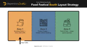 Three-zone food festival booth layout diagram showing sampling display and point-of-sale placement