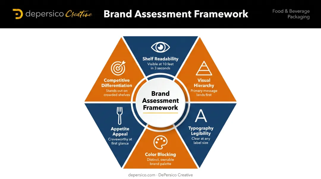 Six-point food packaging brand assessment checklist for shelf readability and appeal