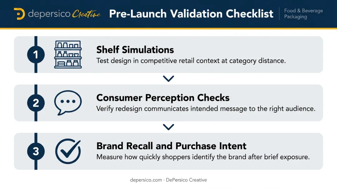 Three-step food packaging pre-launch validation process shelf simulation to purchase intent