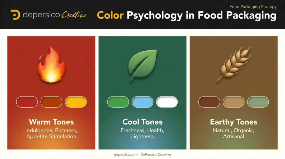 Food packaging color psychology guide warm cool and earthy tone category signals