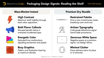 Mass-market versus premium dry noodle packaging design signals comparison chart