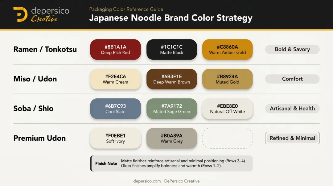 Japanese noodle packaging color palette and finish strategy visual framework infographic