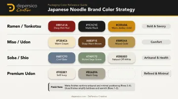 Japanese noodle packaging color palette and finish strategy visual framework infographic